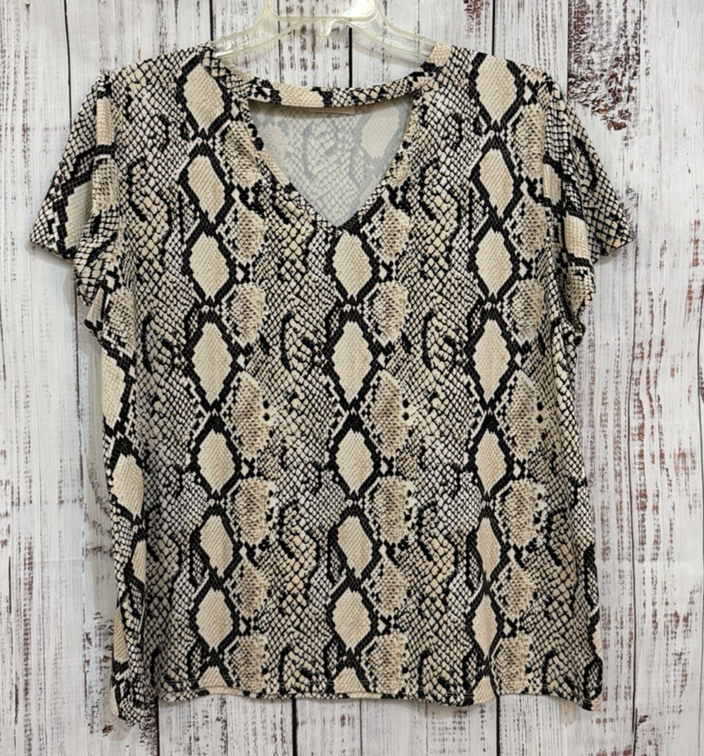 EUC Adora Womens Super Soft Snake Print Tee with Neck Cutout Animal Boho Top